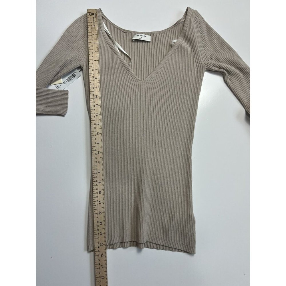 Aritizia Babaton Lubbert Beige V-Neck Ribbed Sweater NWT Small - Picture 4 of 6